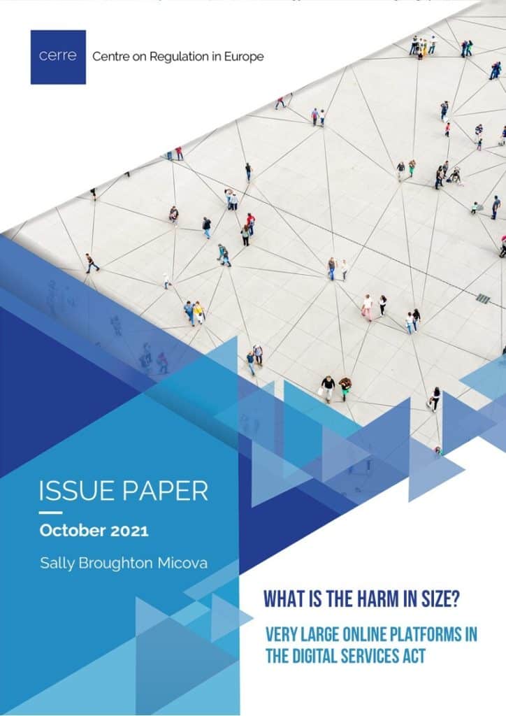 Cover of the CERRE publication "What is the harm in size?" - white and blue abstract triangles with the title of the publication bottom left and a aerial colour photo of a group of people in a courtyard