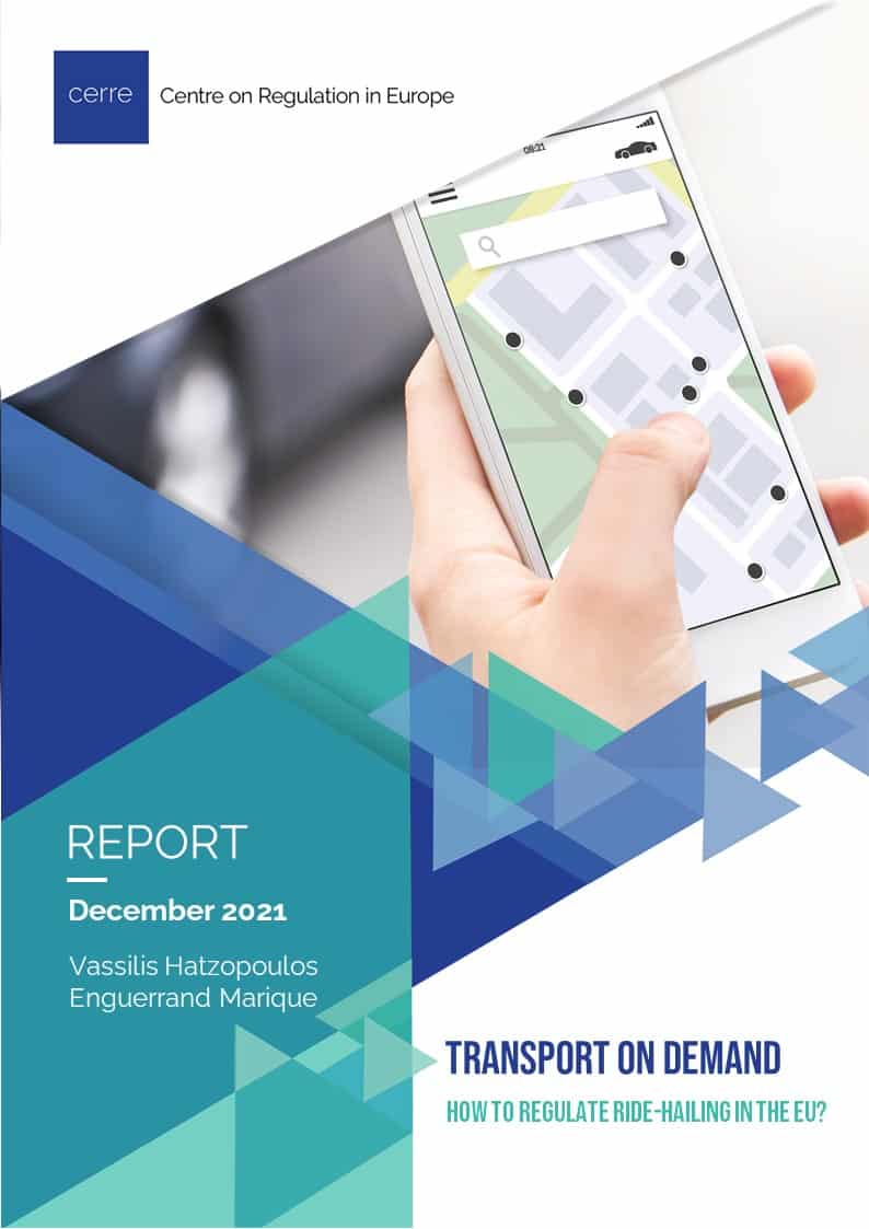 Cover of a publication: photo of a hand holding a mobile phone with a map app open with a black car in the background